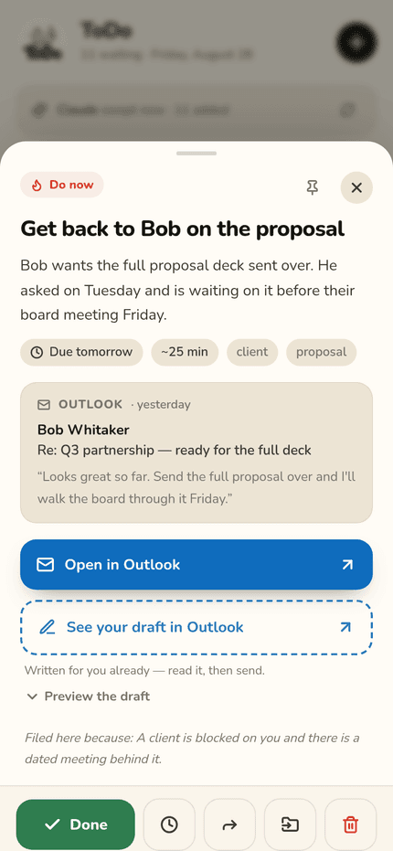A task open in ToDo, showing Open in Outlook and See your draft